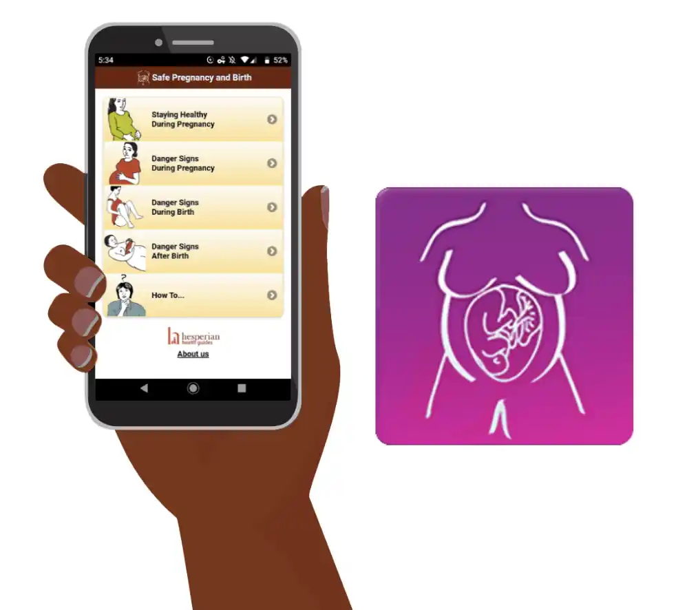 A hand holding up a mobile phone with the home page of the safe birth an pregnancy app on display.