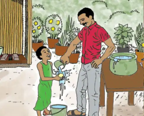Man helps a child wash hands using a cup, bucket and soap while a woman walks other child to an outdoor bathroom.