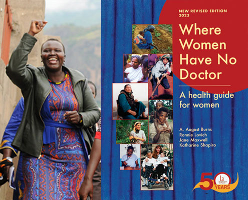 Side by side images. First image is of an African woman cheering. Second image is a book cover of Where Women Have No Doctor.