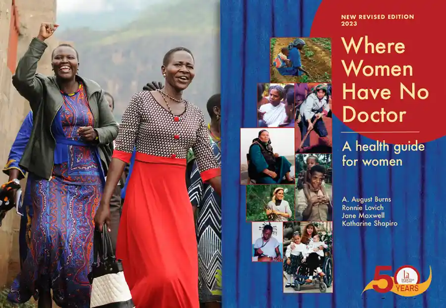 Side by side images. First image is of two African women cheering. Second image is a book cover of Where Women Have No Doctor.