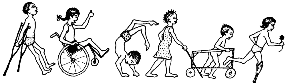 Illustration of six disabled children: one in crutches, one in a wheelchair, one walking on their arms with legs up, one with a cane, one in a wheeled walker, and one with a prosthetic.