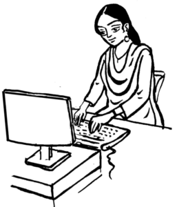 An illustration of a woman at a computer typing on the keyboard.