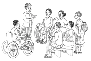 Illustration of people gathered in a group discussion. People with various disabilities are present, such as a person in a wheelchair, a person in a motorized wheelchair, a person using crutches while carrying a baby on back, and a person using a cane.