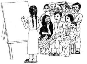 Illustration of a group of people brainstorming. A woman stands in front of a poster easel prepared to write as others sit and stand while in discussion.