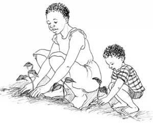 An iIllustration of a mother and her young son planting vegetables in the soil.