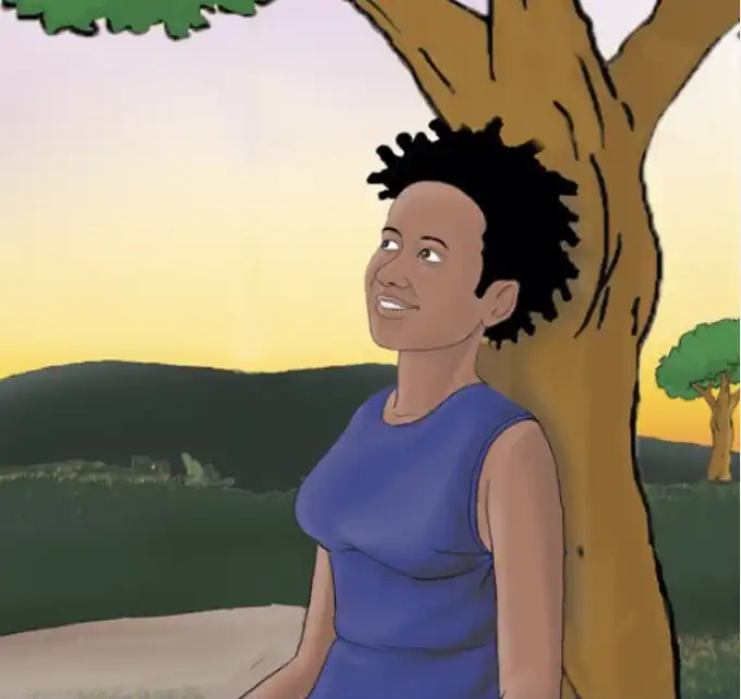 Illustration of a person by a tree looking up at the sunset, with a look of relief and contentment.