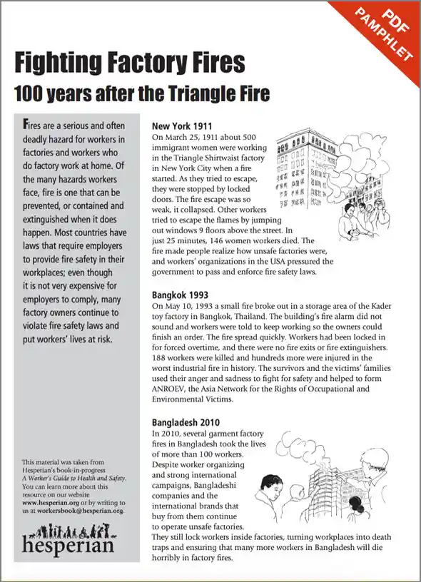 Fighting Factory Fires pamphlet and PDF cover.