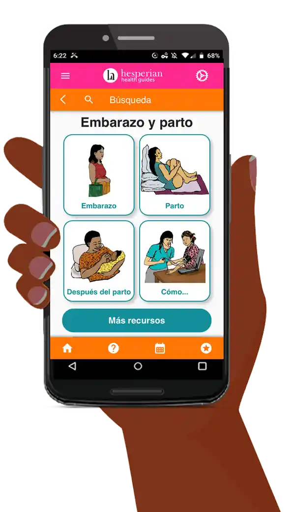 A hand dolding a mobile phone with the home screen of the Safe Pregnancy and birth app displayed.