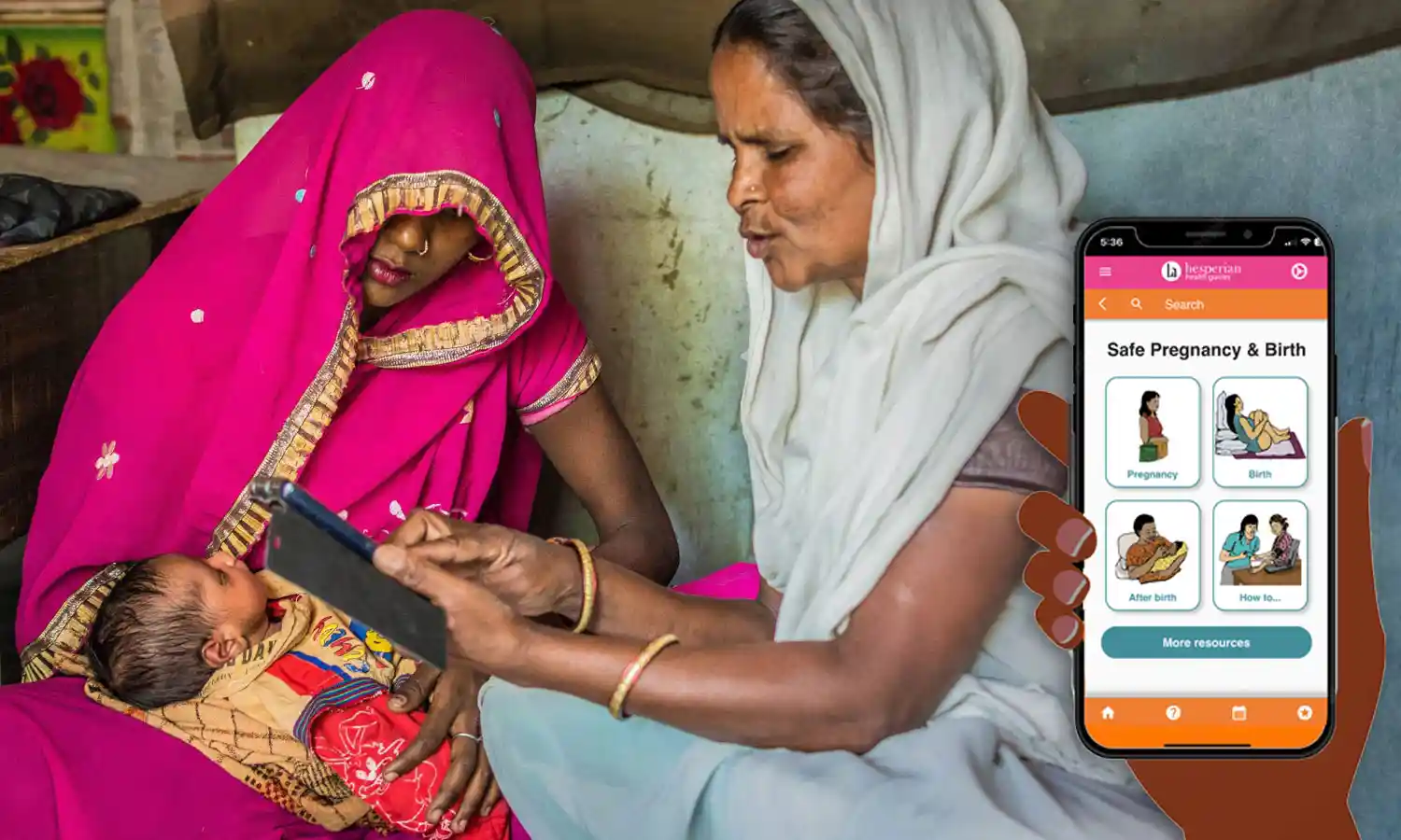 Two women look at a mobile phone together while one carries a newborn baby in lap. On top of this photo is an image of a hand holding a mobile phone with the home screen of the Safe pregnancy and birth app displayed.