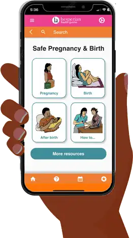 A hand holding a mobile phone with the home screen of the Safe pregnancy and birth app displayed.