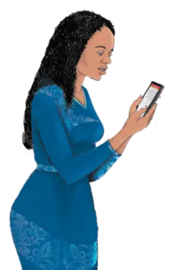Illustration of a woman looking at the Safe Pregnancy and Birth app on her mobile phone.