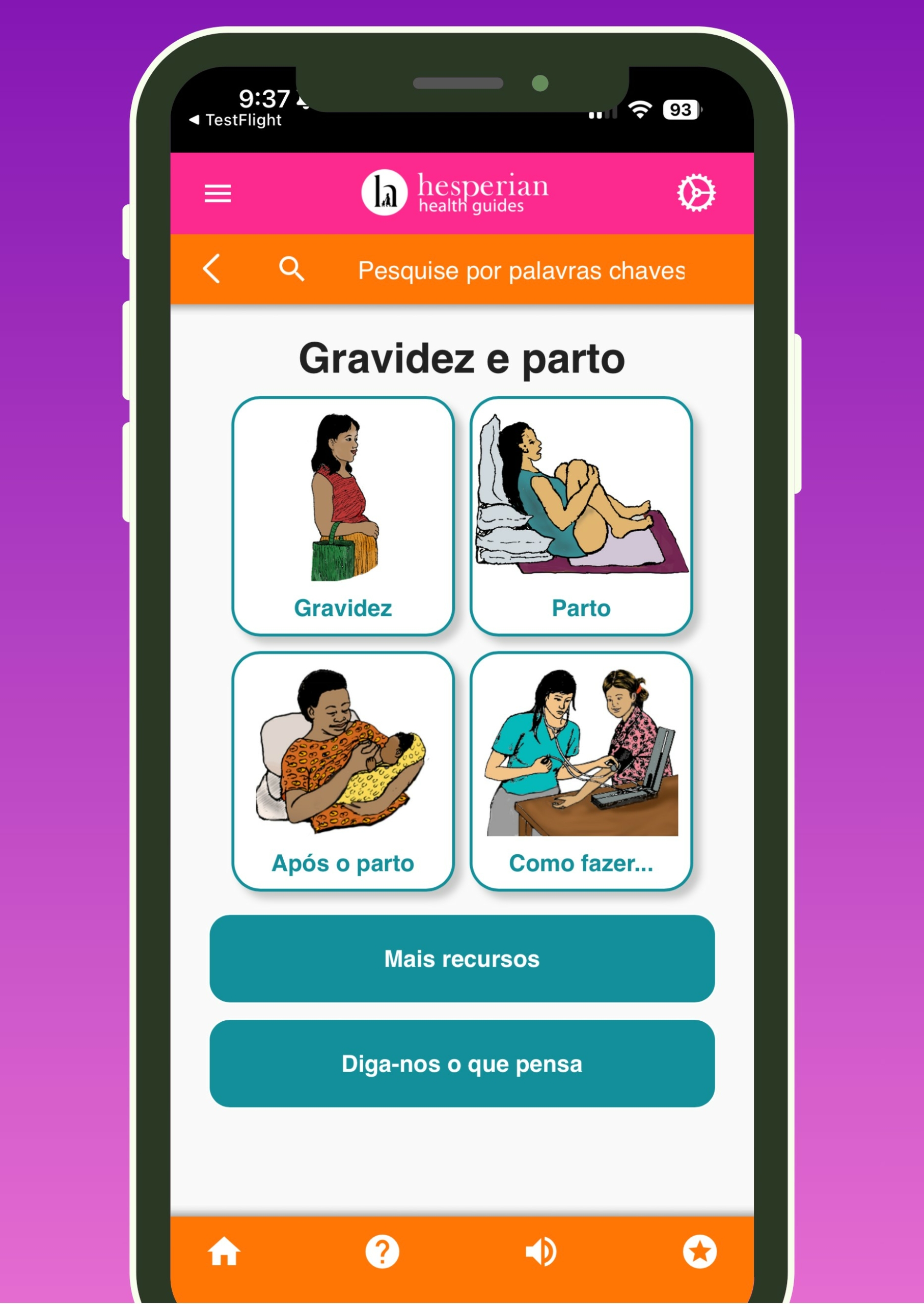 An image of a smartphone displaying the home screen for the Safe Pregnancy and Birth app with four buttons illustrated with women at varying points in pregnancy and childbirth for 